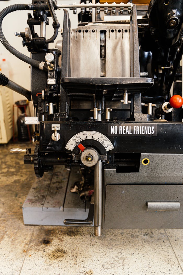 Close-up of an industrial printing press with a No Real Friends sticker in an indoor workshop.